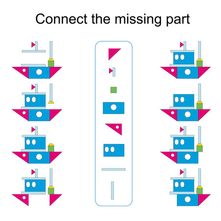 Connect the missing part. Task for the development of attention and logic. Kids activity sheet. Vector illustration of the cartoon ship.のイラスト素材