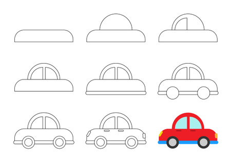 Worksheet easy guide to drawing cartoon car. Simple step by step drawing tutorial for kids. vector illustration.のイラスト素材