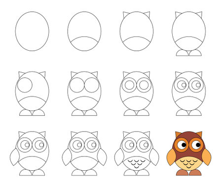 Worksheet easy guide to drawing cartoon owl. Simple step by step drawing tutorial for kids. vector illustration.のイラスト素材