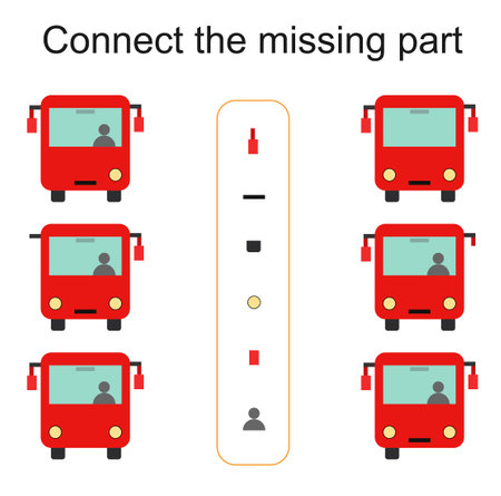 Connect the missing part. Task for the development of attention and logic. Kids activity sheet. Vector illustration of cartoon bus.のイラスト素材