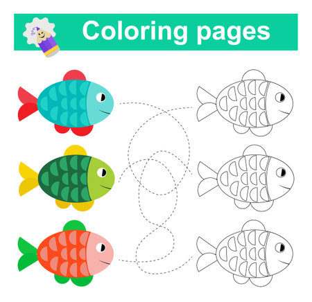 Educational game for kids. Go through the maze and color a fish according to the pattern. vector illustration.のイラスト素材
