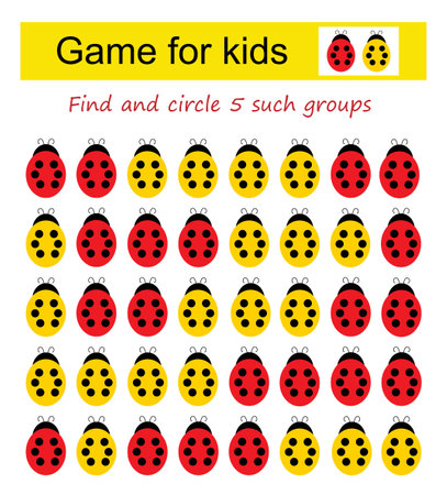 A game for kids. Find the group of ladybugs shown in the sample and circle it. vector illustration.のイラスト素材