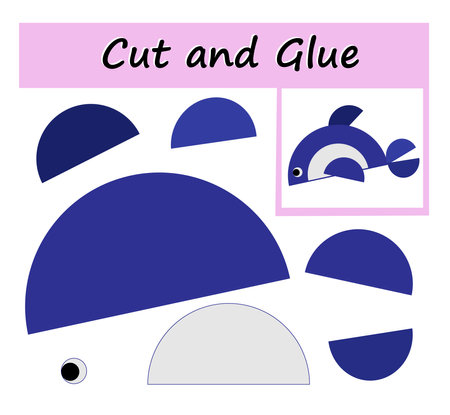 Educational paper game for kids. Cut parts of the image and glue on the paper. DIY worksheet. Cartoon fish.のイラスト素材