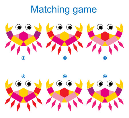Matching game for children. Task for the development of attention and logic. Vector illustration of cartoon crab.のイラスト素材