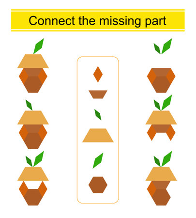 Connect the missing part. Task for the development of attention and logic. Cartoon acorn.のイラスト素材