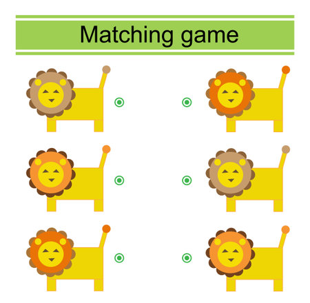 Matching game for kids. Find the correct color of cartoon lion and match. Vector illustration.のイラスト素材