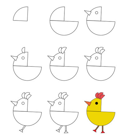 Worksheet easy guide to drawing cartoon cute chick. Simple step-by-step drawing tutorial for kids. Vector.のイラスト素材