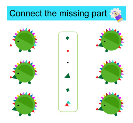 Connect the missing part. Task for the development of attention and logic. Cartoon toy hedgehog.のイラスト素材