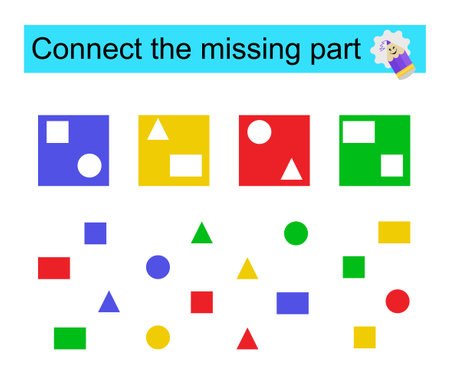 Connect the missing part. Task for the development of attention and logic. Preschool worksheet activity.のイラスト素材