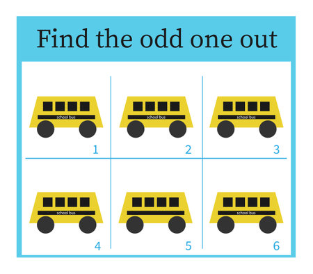 Puzzle game for kids. Task for development of attention and logic. Cartoon school bus. Vector illustration.のイラスト素材