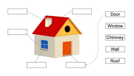 Educational game for children. Learning parts of the house. Find the roof, door, window, wall. Vector illustration.のイラスト素材