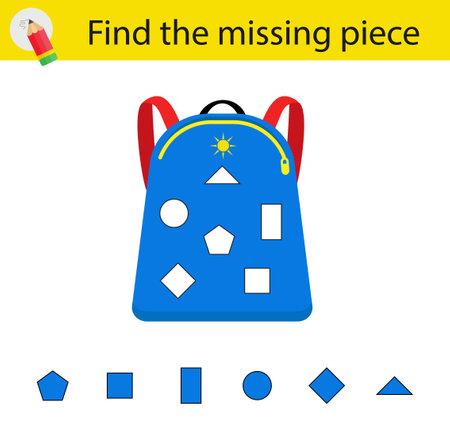 Logic puzzle for kids. Need to find the missing piece. Children activity page. Vector illustration of a school bag.のイラスト素材