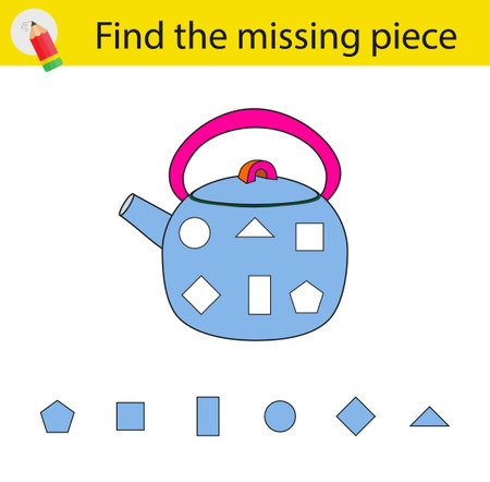 Logic puzzle for kids. Need to find the missing piece. Children activity page. Vector illustration of a teapot.のイラスト素材