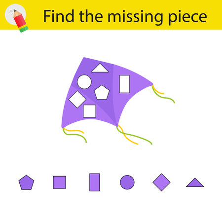 Logic puzzle for kids. Need to find the missing piece. Children activity page. Vector illustration of a kite.のイラスト素材