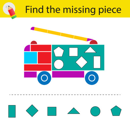 Logic puzzle for kids. Need to find the missing piece. Children activity page. Vector illustration of a trolleybus.のイラスト素材