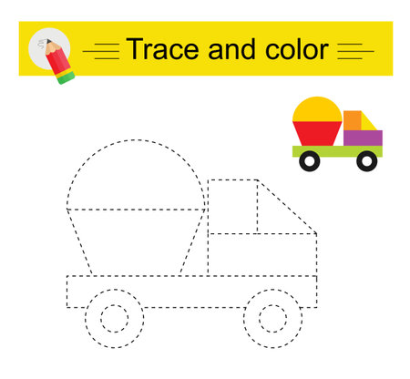 Trace and color for children. Preschool worksheet for practicing fine motor skills. Cartoon truck. Flat design.のイラスト素材