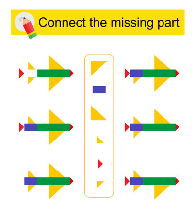 Connect the missing part. Task for the development of attention and logic. Cartoon airplane. Vector illustration.のイラスト素材