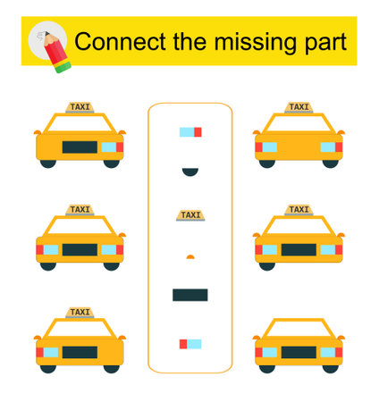 Connect the missing part. Task for the development of attention and logic. Cartoon taxi. Vector illustration.のイラスト素材