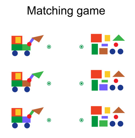 Matching game for kids. Find the correct color of cartoon excavator. and match. Vector illustration.のイラスト素材