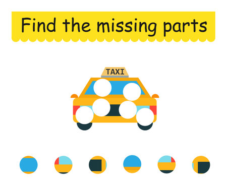 Game for children. Cute cartoon taxi. Find the missing pieces. Vector illustration.のイラスト素材
