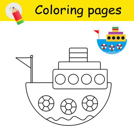 Coloring book. Illustration for children education. Cartoon ship. Flat design.のイラスト素材