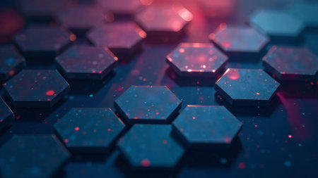 A close up of a blue hexagon with water droplets on it. The image has a futuristic and technological feel to itの素材