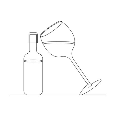 Continuous one line drawing of glass and bottle of wine. Vector illustrationのイラスト素材