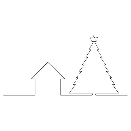 Continuous line drawing of christmas tree and house. Vector illustrationのイラスト素材
