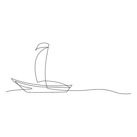 continuous line drawing of a boat on the water. Vector illustrationのイラスト素材