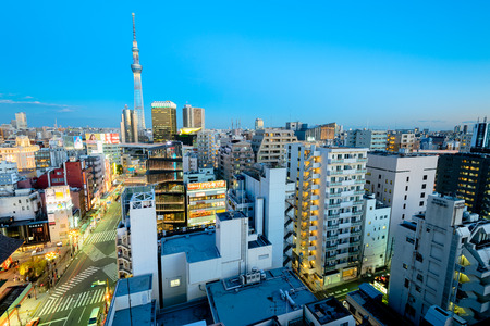 Tokyo; Japan -January 19; 2016: Aeriel view of Asakusa district in Tokyo. Skytree,Kaminarimon, Asakusa Culture Tourist Information Center, Asahi Beer Headquarters are visible.のeditorial素材