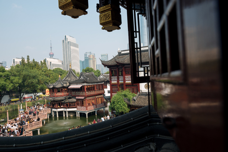 Shanghai, China - October 16, 2015: Traditional Chinese architecture in Yuyuan Garden. Yuyuan Gardens is an extensive Chinese garden located beside the City God Temple in the northeast of the Old City of Shanghai, China.のeditorial素材