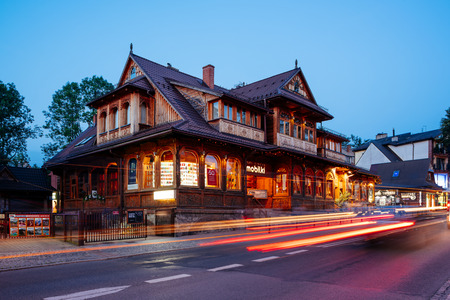 Zakopane, Poland - Aug 30, 2018: Traditional architecture in the Krupowki Street in Zakopaneのeditorial素材