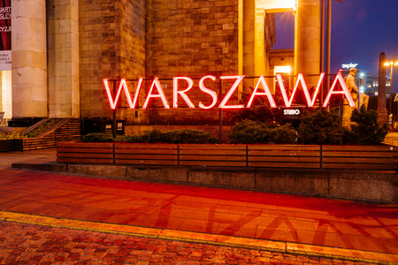 Warsaw, Poland - November 2, 2018:  Warsawa Neon Sing at night at the Palace of Culture and Science in Warsaw, Poland,のeditorial素材