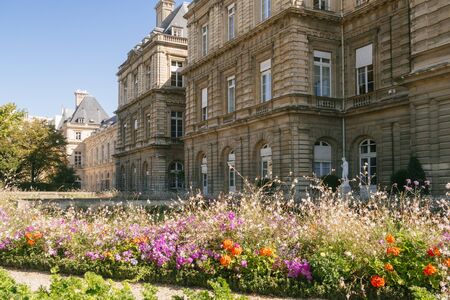 Paris, France - Sept 04, 2019: Luxembourg Palace with flowers. Paris, France.のeditorial素材
