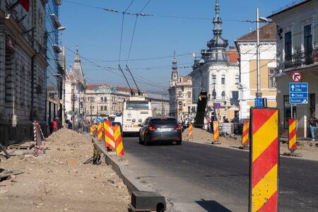 Cluj Napoca, Romania - 23 Oct, 2019: Road work and renovation in the Downtown of Cluj Napoca,...