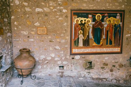 Meteora, Greece - Dec 19, 2019: Fresco, Holy Monastery of St Stephen, Meteora, UNESCO World Heritage Site, Thessaly, Greeceのeditorial素材