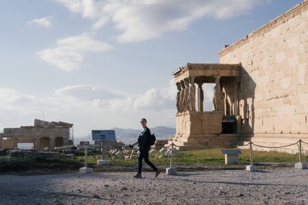 Athens, Greece - Dec 20, 2019: Erechtheion Temple with Caryatids, Caryatid Porch, Acropolis, Athens,...