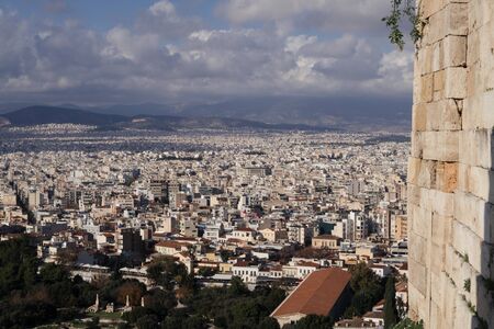 Athens, Greece - Dec 20, 2019: View from the entrance of the Acropolis of Athens towards the Ancient Agora and across the city of Athens, Greeceのeditorial素材
