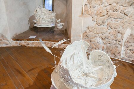 Brasov, Romania - Nov 10, 2019: An Art exhibition in the White Tower or Turnul Alb in Brasov. Group exhibition of Arina Ailincai, Andrei Florian, Gavril Zmicala artists .のeditorial素材