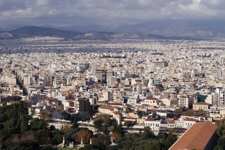 Athens, Greece - Dec 20, 2019: View from the entrance of the Acropolis of Athens towards the Ancient Agora and across the city of Athens, Greeceのeditorial素材