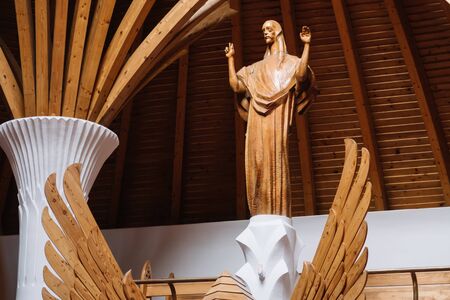 Miercurea Ciuc, Romania - Dec 09, 2019: inside of the Roman Catholic church (designed by Imre Makovecz), Miercurea Ciuc, CsÃ­kszereda, Szeklerburg, Romania, Europeのeditorial素材