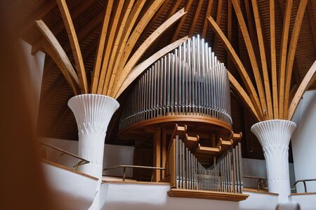Miercurea Ciuc, Romania - Dec 09, 2019: inside of the Roman Catholic church (designed by Imre Makovecz), Miercurea Ciuc, CsÃ­kszereda, Szeklerburg, Romania, Europeのeditorial素材