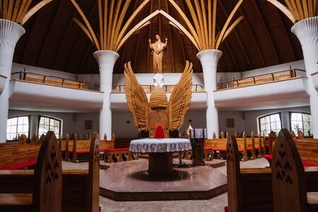 Miercurea Ciuc, Romania - Dec 09, 2019: inside of the Roman Catholic church (designed by Imre Makovecz), Miercurea Ciuc, CsÃ­kszereda, Szeklerburg, Romania, Europeのeditorial素材