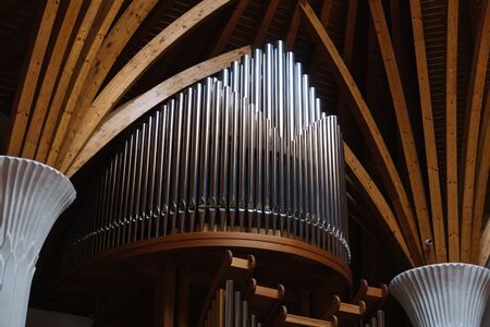 Miercurea Ciuc, Romania - Dec 09, 2019: inside of the Roman Catholic church (designed by Imre Makovecz), Miercurea Ciuc, CsÃ­kszereda, Szeklerburg, Romania, Europeのeditorial素材