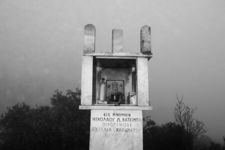 Meteora, Greece - Dec 19, 2019: Roadside shrine in the Meteora region, Greece.のeditorial素材