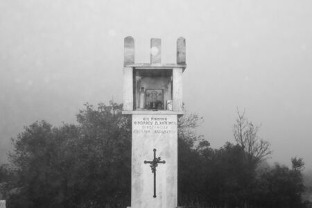 Meteora, Greece - Dec 19, 2019: Roadside shrine in the Meteora region, Greece.のeditorial素材