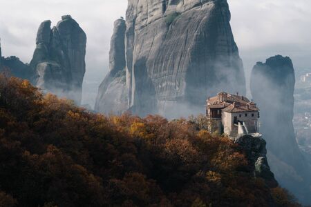 Meteora, Greece - Dec 19, 2019: The Holy Monastery of Rousanou in Winter , Meteora, Kalabaka, Greece