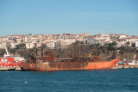 Istanbul, Turkey - Jan 11, 2020: Burnt shipwreck. View of a burnt ship in the open sea in Istanbul harbor after rescue. Istanbul, Turkeyのeditorial素材