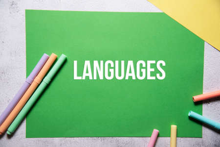 Language text on green and yellow background flat lay concept. Suitable to used as title cover each subtopic on resume or curriculum vitae.の写真素材