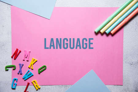 Language text on pink and blue background flat lay concept. Suitable to used as title cover each subtopic on resume or curriculum vitae.の写真素材